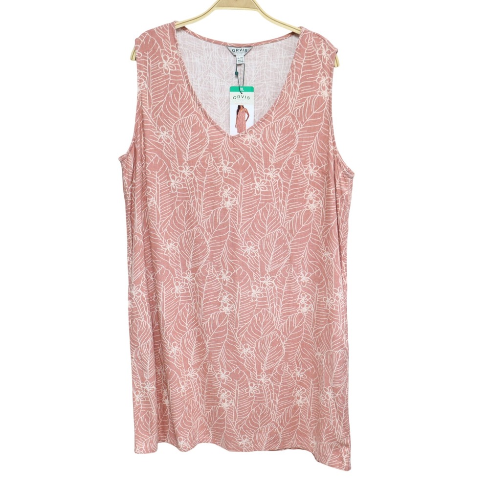 Orvis Floral Linen Blend Shift Dress XL Pink Sleeveless V-Neck Pockets Tropical